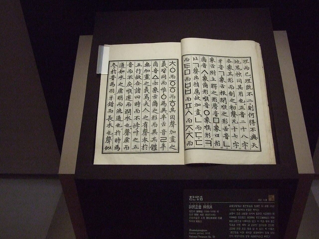 Two open pages of the 1446 Hunminjeongeum Haerye manuscript, printed in vertical columns of Chinese characters and early Hangeul letters.