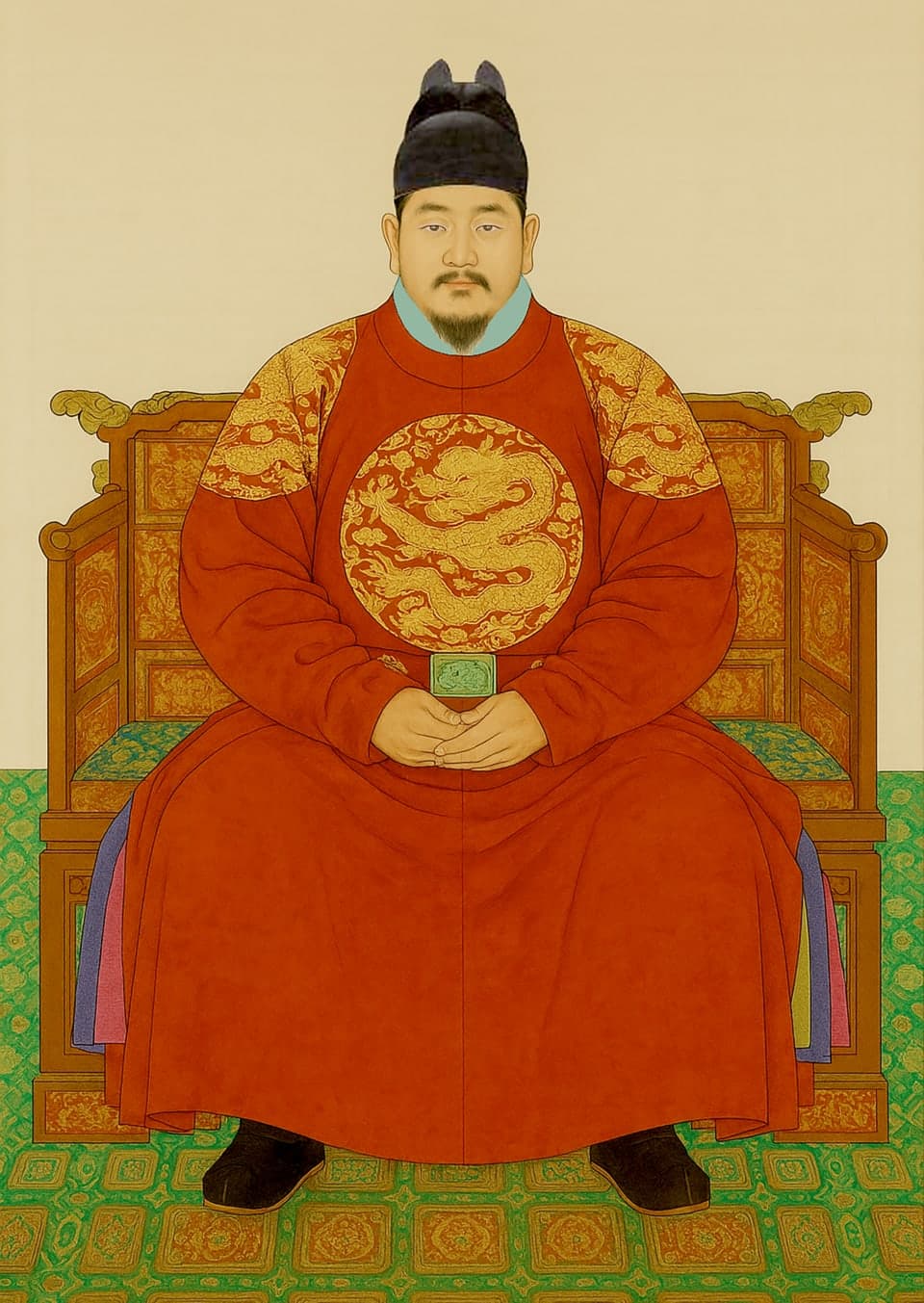 Royal portrait of King Sejong the Great, seated in red robes with a winged headdress.