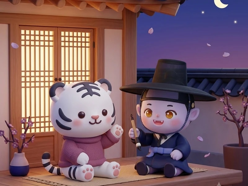 Horangi and the dokkaebi scholar sitting together on a hanok porch at dusk, waving.