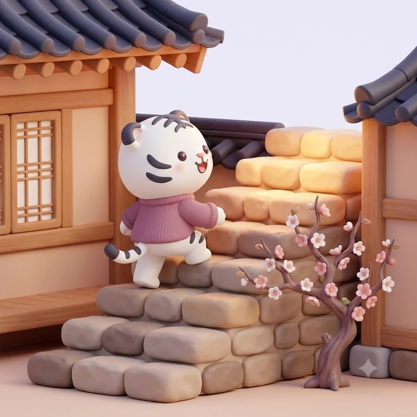 Horangi the white tiger cub climbing wide stone steps in a sunny hanok courtyard, the upper steps glowing.