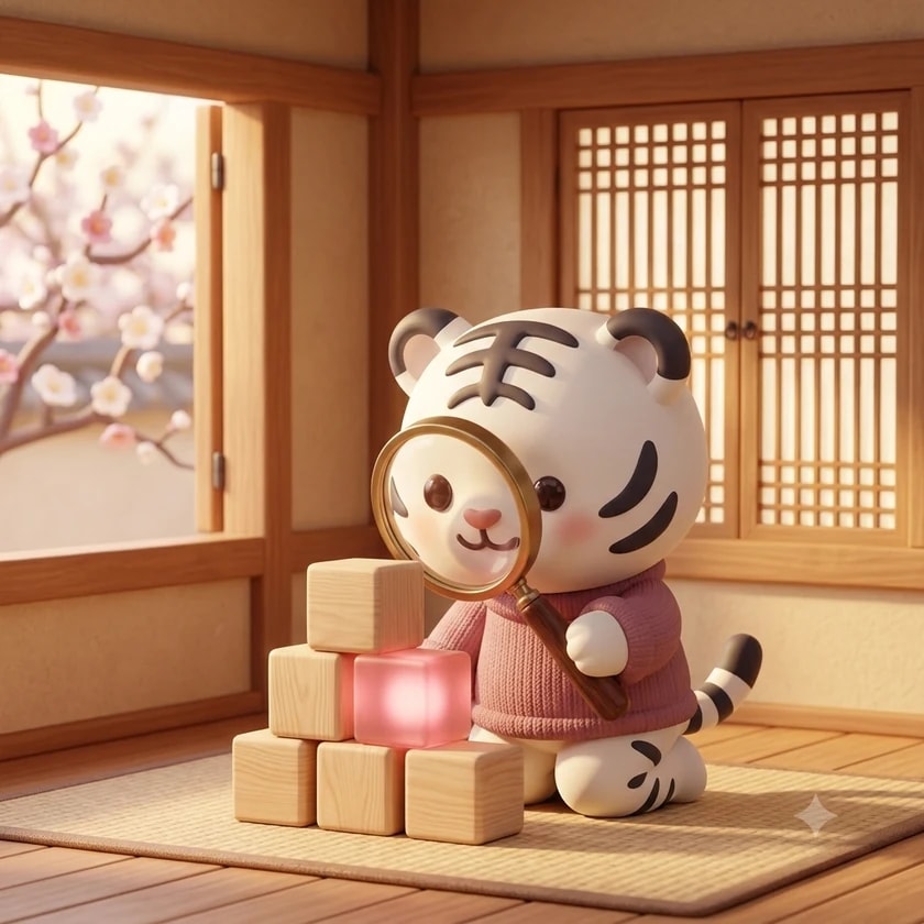 Horangi inspecting a stack of wooden blocks through a magnifying glass, one block glowing rose-pink.
