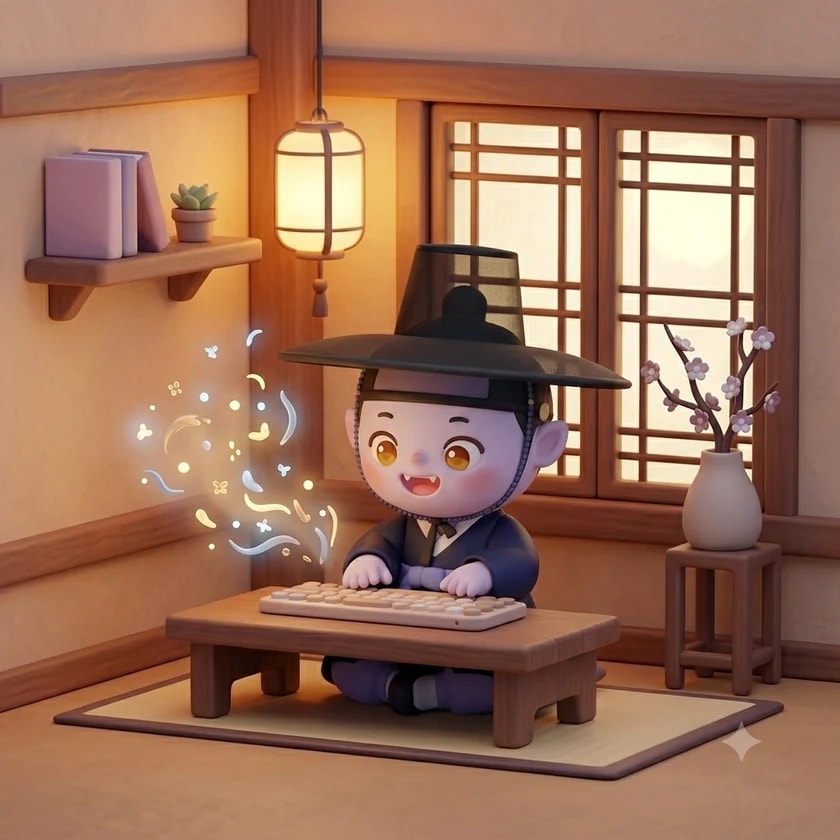 The dokkaebi scholar sitting at a low desk in a lantern-lit hanok room, typing on a keyboard.